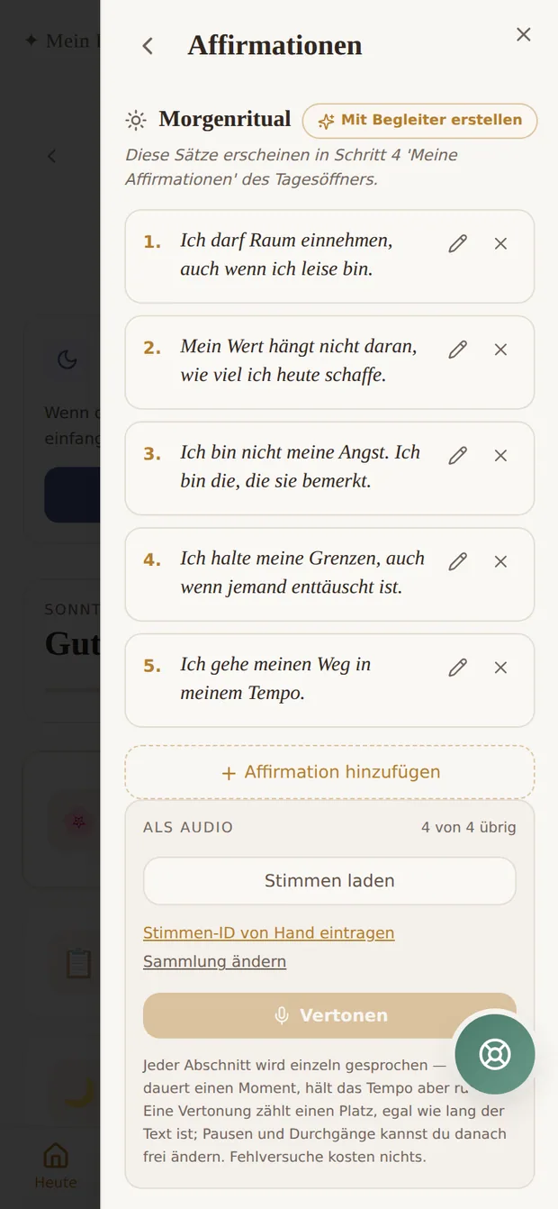 Der Affirmationen-Editor mit eigenen Sätzen und der Schaltfläche zum Vertonen.