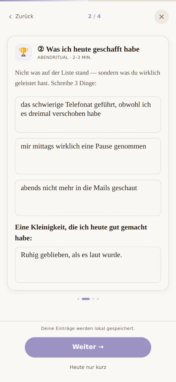 Der Schritt „Was ich heute geschafft habe“ im Tagesschließer.
